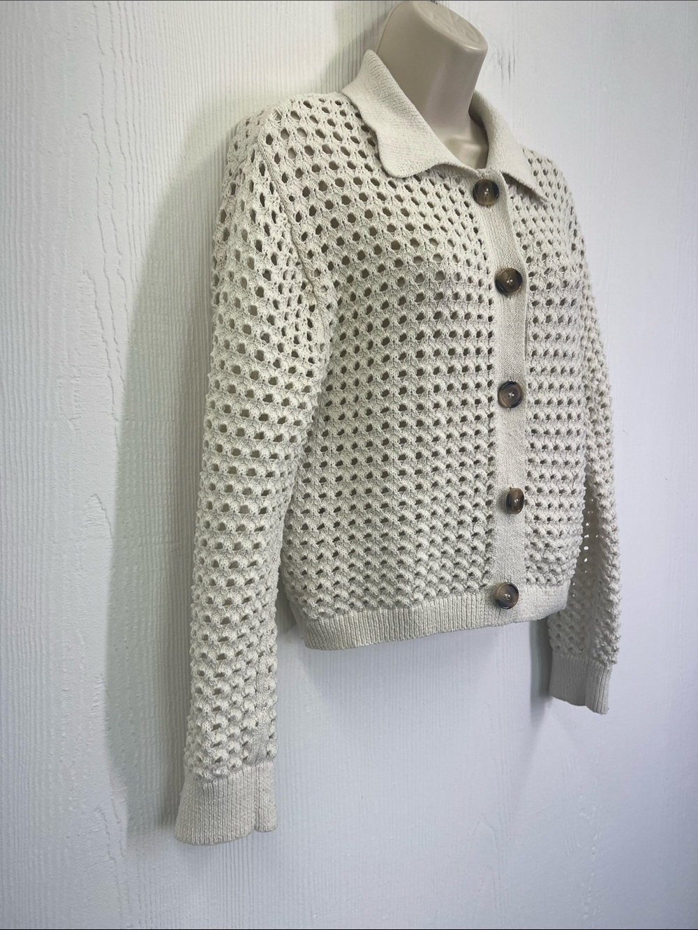 H&M - Cream Ivory Open Knit Button Down Lightweight Long Sleeve Cardigan Size XS - Picture 4 of 11